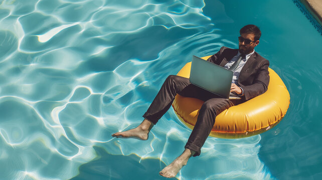 businessman in pool with computer
