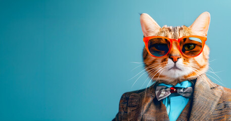 Stylish and professional business cat wearing a trendy suit and sunglasses with a random background and ample copyspace for text or graphics  This creative