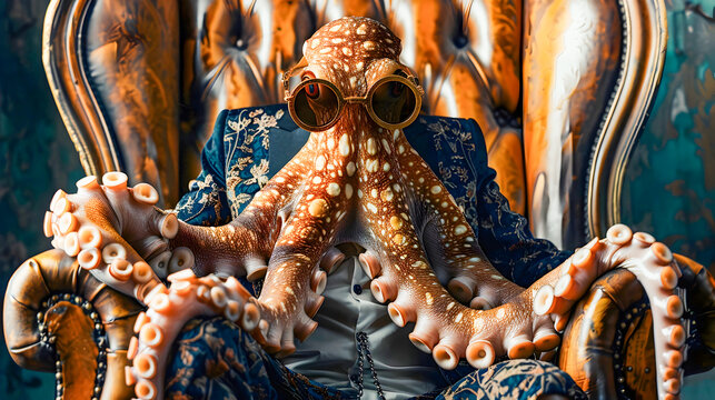 A captivating digital depicting an anthropomorphized octopus wearing fashionable glasses and a business suit sitting regally on a throne against an abstract dreamlike background