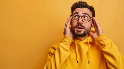 Obraz premium A man in a yellow hoodie looks surprised with his hands on his face, set against a yellow background, capturing a bright and dramatic moment of surprise.