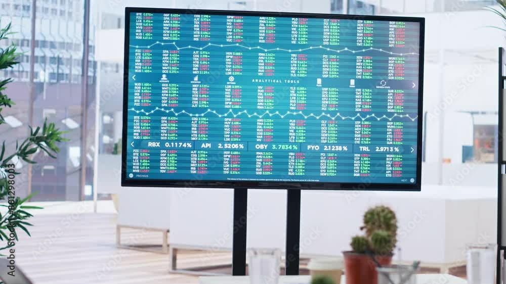 Poster stock market diagrams with charts and stock figures on big screen in empty workplace. forex investme