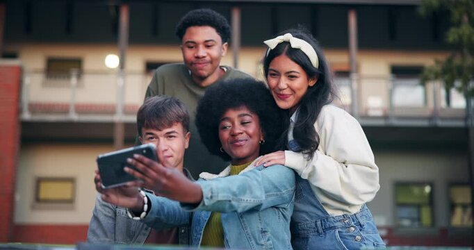 Happy, students and selfie outdoor in high school for peer connection, youth culture and bonding for friendship memory. Girls, boys and learners with photography for social media, post and peace sign