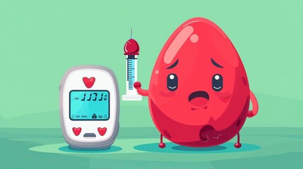A cartoon illustration of a cute blood drop character holding a syringe and standing next to a modern glucometer, expressing worry about a reading. Ideal for health-themed artwork.