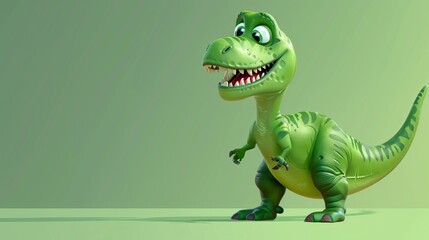 Fototapeta premium A delightful cartoon T-Rex dinosaur standing on a green background, displaying a wide-toothed smile. Perfect for children's educational materials and playful illustrations.