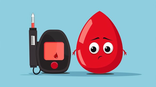 An adorable cartoon blood drop character stands concerned next to a black glucometer with a red screen and a lancet. A charming and informative illustration for medical graphics.