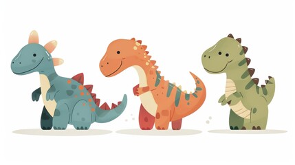 Illustration of three colorful cartoon dinosaurs in blue, orange, and green standing in a row against a light background, representing diversity and childhood joy.