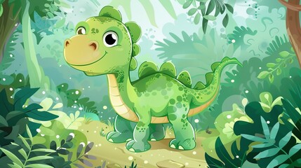 Fototapeta premium Cheerful and friendly dinosaur grinning in a colorful jungle setting, an engaging digital art piece radiating joy and the beauty of nature, ideal for children.