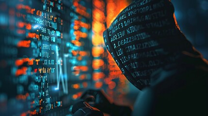 A hooded figure depicting a hacker, deeply engrossed in coding or cyber attacks, with a complex digital overlay of coding elements and bright neon colors.
