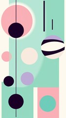 An abstract pattern with pink, white, green, and purple geometric shapes, including circles and lines, against a white background