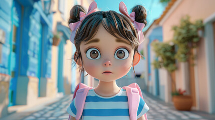 Surprised Cartoon Girl with Pigtails in Urban Street