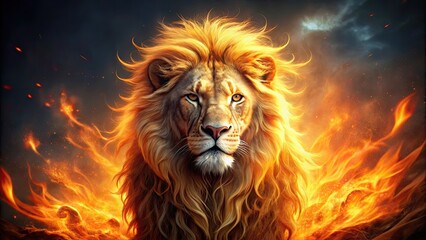 Fototapeta premium Majestic and fierce flaming lion with a glowing mane , lion, fire, flames, wild, animal, nature, powerful, majestic, roaring, mane