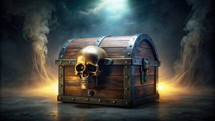 Ominous treasure chest with skull engraving emitting haunting glow, perfect for Halloween-themed designs or spooky concepts