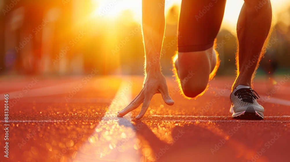 Poster a man is running on a track with the sun shining on him