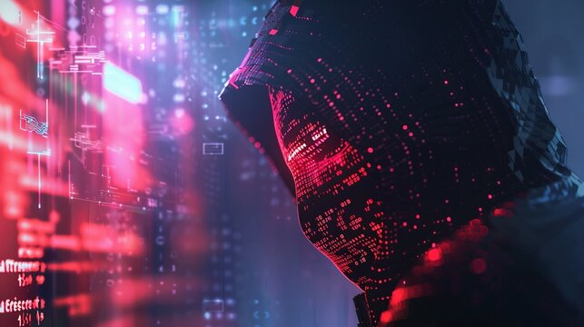A pixelated digital hooded figure with a dark red glowing face in a cyber world highlighting the concept of cyber hacking and anonymity.