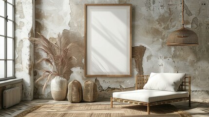 Boho Nomadic Interior with Rustic Decor: 3D Frame Mockup