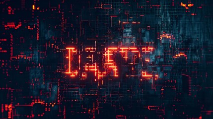 Image shows bright red digital text glowing amid intricate dark circuit patterns, symbolizing data or code in a high-tech abstract setting.