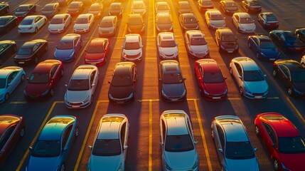 Obraz premium As the sun sets, many vehicles can be seen parked in a parking lot