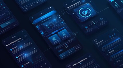 This image displays multiple futuristic app interfaces with cohesive blue themes, emphasizing advanced technology, user-friendly design, and modern digital aesthetics.