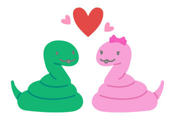 年賀状素材、巳年のかわいいヘビが向き合うイラスト