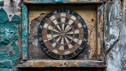 An old dartboard in a distressed frame, mounted on a weathered wall. The image captures a sense of history and wear, reflecting its long use in the game of darts.
