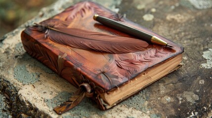 Feather adorned memory book and pen for engagement and weddings