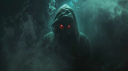 A figure with glowing red eyes and a hood is surrounded by thick smoke, creating an eerie and supernatural atmosphere, evoking fear and suspense in a dark style.
