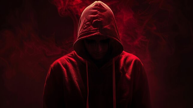 A shadowy figure draped in a red hooded cloak stands amid swirling red smoke, evoking a crimson aura and sense of danger.