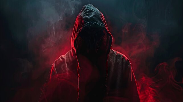 A hooded figure emerges menacingly from thick red fog with a dark background, creating a mysterious and foreboding atmosphere in this striking image.