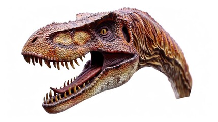 Obraz premium Close-up of a dinosaur head with an open mouth featuring pronounced sharp teeth and complex skin textures, bringing to life a prehistoric predator.