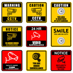 Warning and caution, sign and sticker,  CCTV vector
