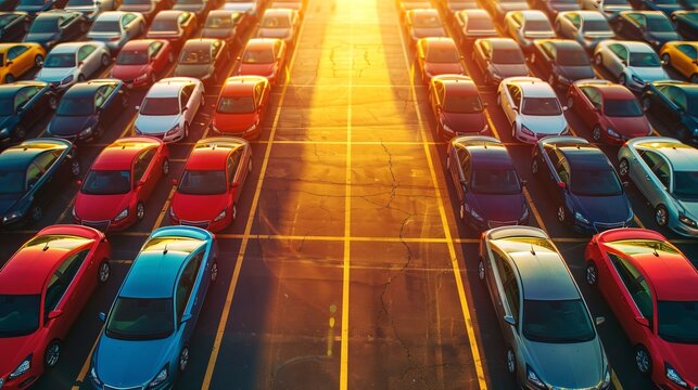 A lot of cars are parked in a parking lot with a building nearby