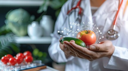 Doctor holding a tomato and a cucumber, blending the themes of healthcare and nutrition, symbolizing the growing importance of diet in modern medicine.