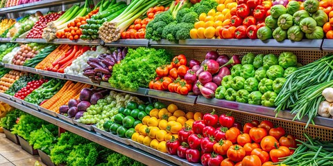 Fresh assortment of colorful vegetables displayed in supermarket aisle, vegetables, produce, grocery, market, healthy