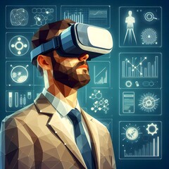 illustration of a successful businessman wearing a VR headset, exploring virtual reality, representing futuristic thinking, innovative leadership, and cutting-edge technology adoption.