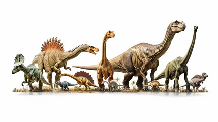 An artistic depiction of a large herd of various dinosaur species walking together in a formation, highlighting the diversity and size of these prehistoric creatures.