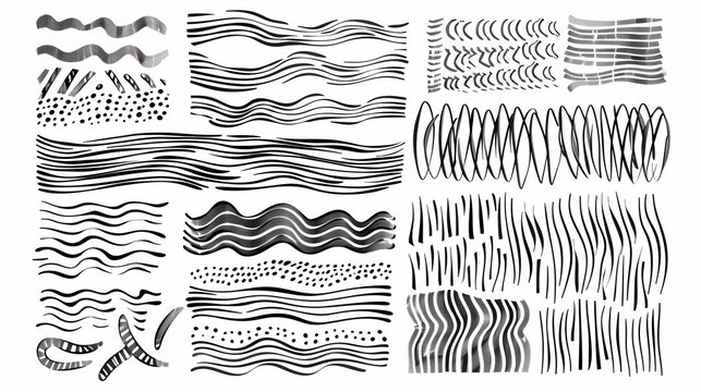 An array of wavy and dotted black and white texture patterns showcasing a blend of different line styles, offering diverse design possibilities for creative projects.
