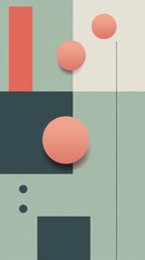 Digital artwork with red rectangle, orange circles, vertical line, and black squares on light green and beige background