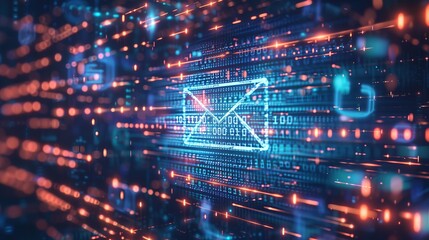 A visually stimulating image of a digital envelope symbol, representing email, embedded within a luminous orbit of flowing data elements, signifying digital communication.