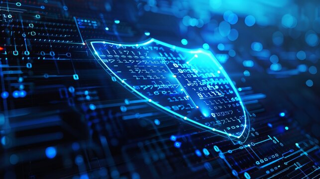 An illuminated digital shield on a high-tech blue background representing cybersecurity and data protection in a technologically advanced environment.