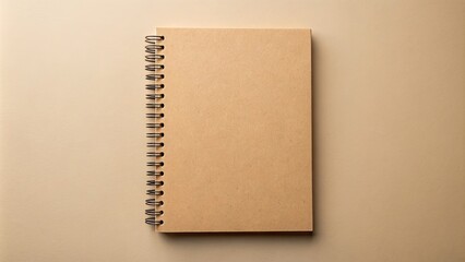 Spiral cardboard notebook made with recycled material, top view mockup on beige background, recycled, eco-friendly