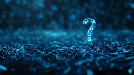 The image portrays a glowing question mark set within a digital network of lines and nodes with a blue and futuristic ambiance, hinting at inquiries and tech exploration.
