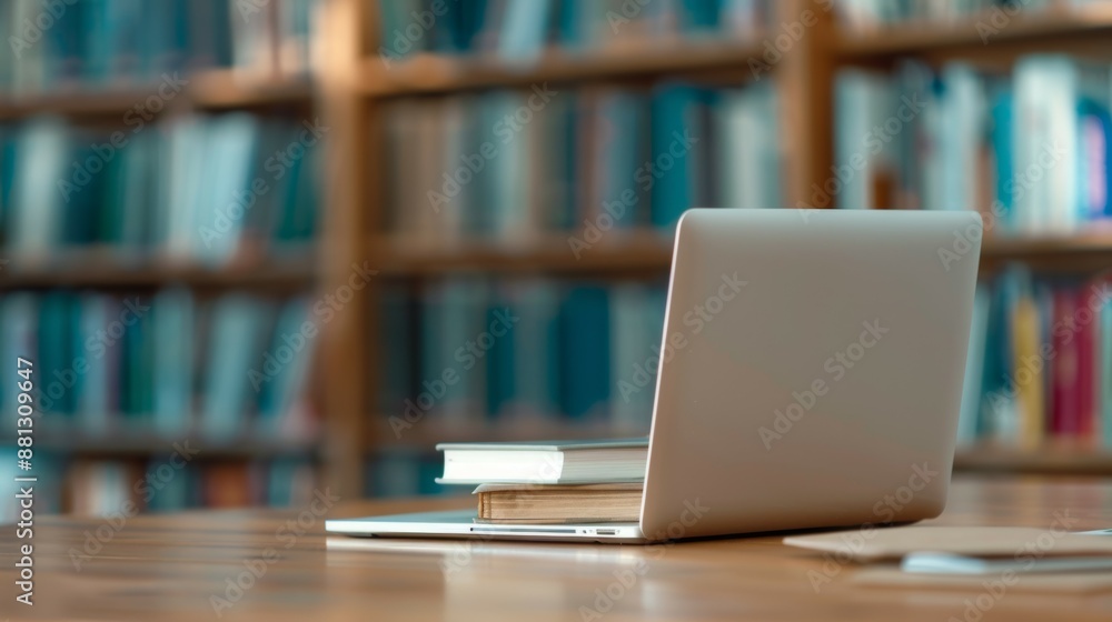 Aufkleber a laptop is on a table with a stack of books next to it