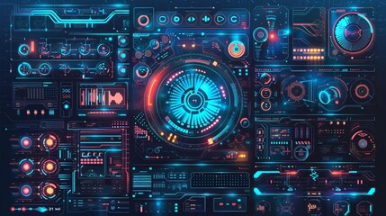 A highly detailed futuristic control panel view with various digital interface elements, vibrant colors, and technological indicators, reflecting advanced technology themes.