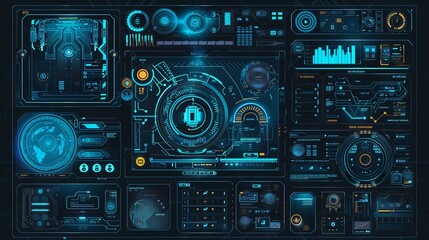 Fototapeta premium Blue-toned futuristic digital dashboard featuring diverse interface elements, control panels, and technological indicators, representing advanced technology and innovation.