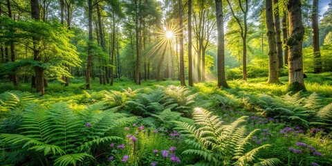Lush green forest on a sunny summer day with trees, ferns, and wildflowers, summer, forest, nature, green, trees, lush