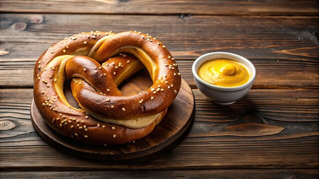Giant soft pretzel with golden-brown crust served with tangy mustard , soft pretzel, giant, golden-brown, crust