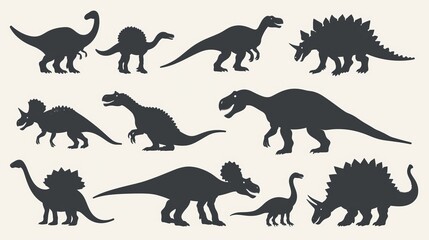 This image presents dinosaur silhouettes in various poses set on a neutral backdrop, ideal for modern educational and decorative themes, invoking a minimalist style.