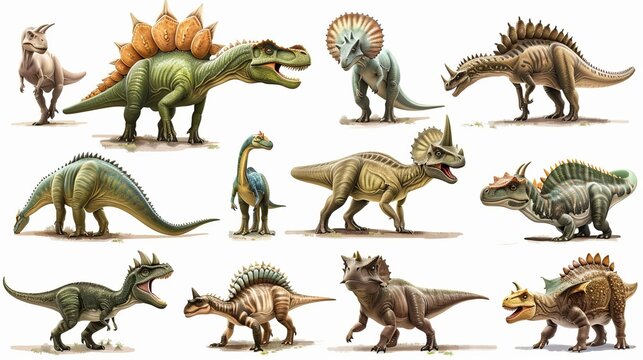 This photograph presents ten diverse dinosaur figurines in various poses and species, all placed on a neutral backdrop, making it ideal for educational and display purposes.