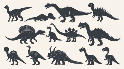 This collection features black silhouettes of 12 varied dinosaur species posing in different stances, designed meticulously to highlight their unique body structures. Ideal for creatives.