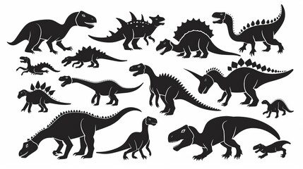 A diverse collection of black dinosaur silhouettes set in various unique body structures and poses, making it an ideal resource for educational and creative uses. Perfect for science lovers.